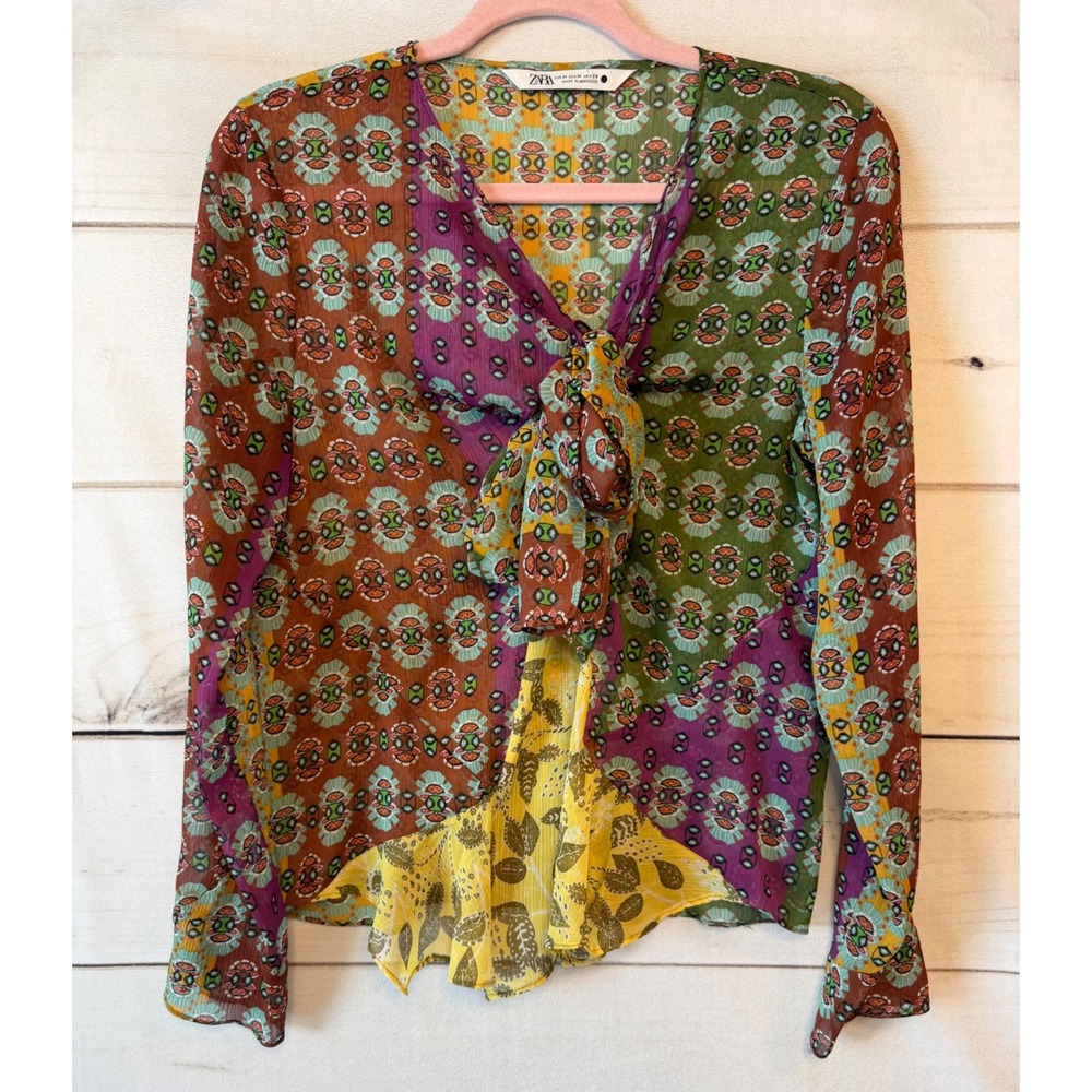 Zara Patchwork Print Tie Neck Blouse Green Purple Yellow Geometric Sheer M
